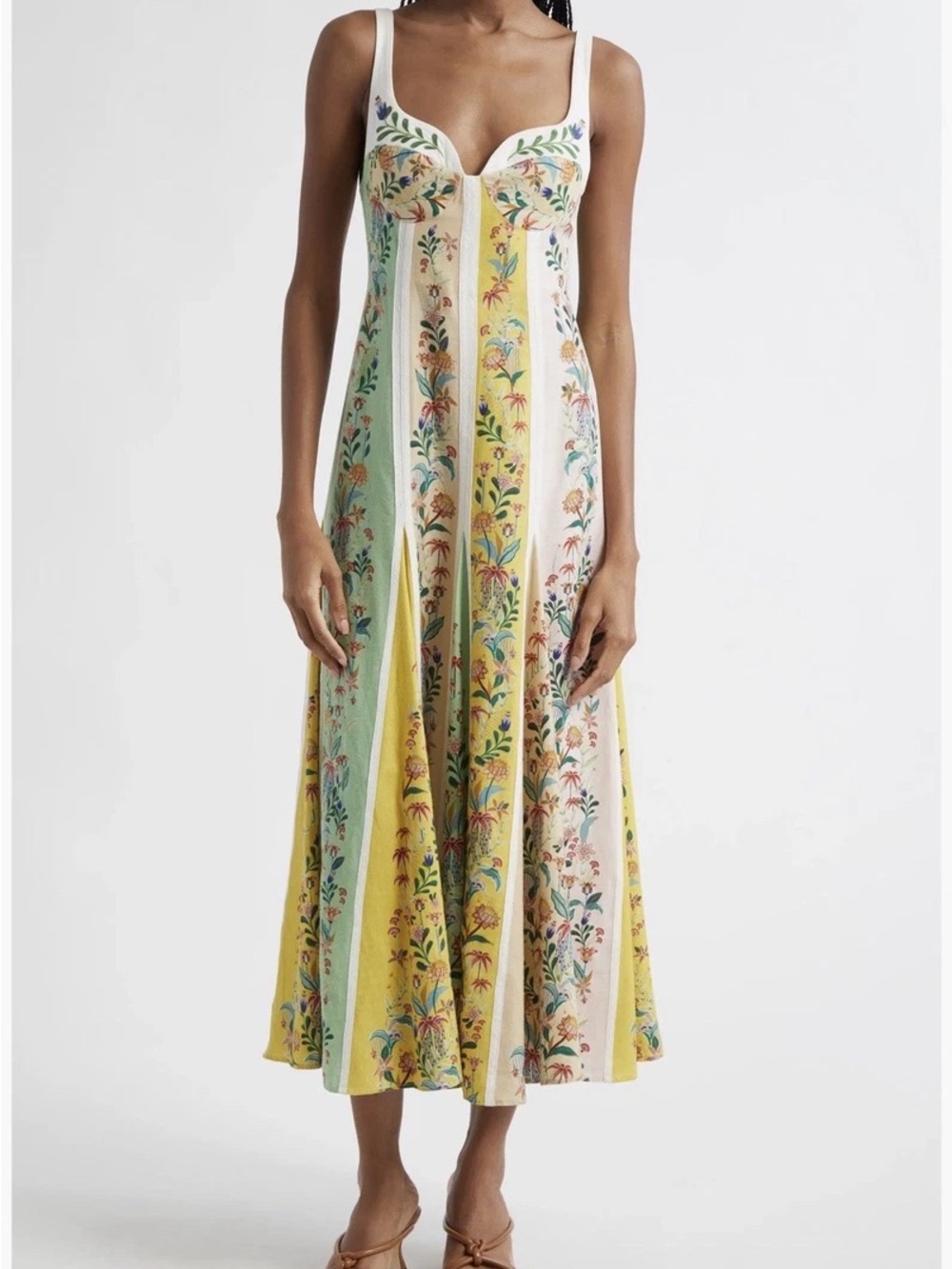 Christian Lacroix Yellow, Cream and Mint Floral Stripe Boho Midi Dress Size 2 - Picture 5 of 7